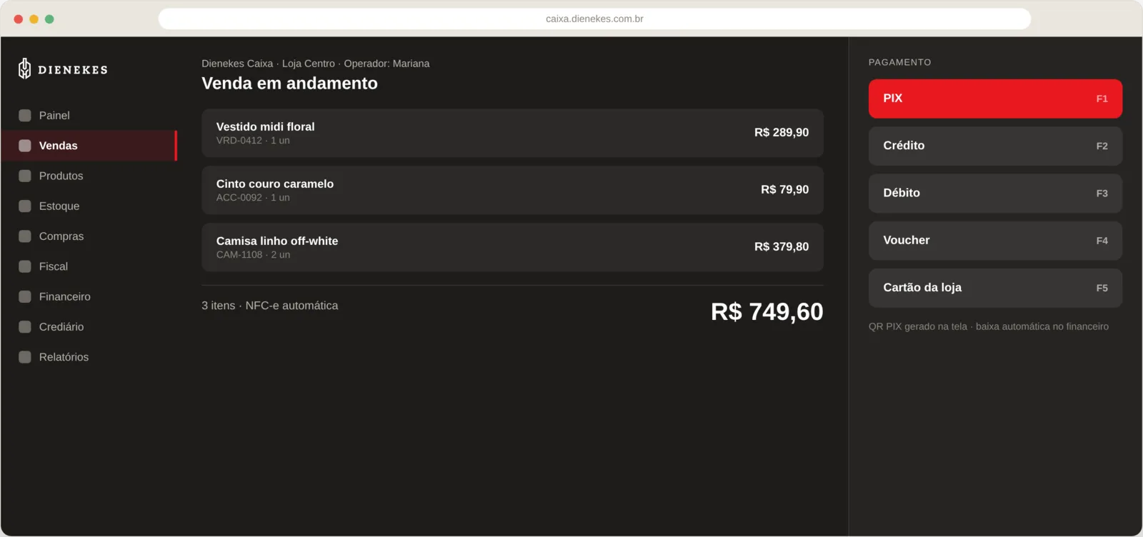 Dienekes Caixa screen showing a sale in progress and payment methods